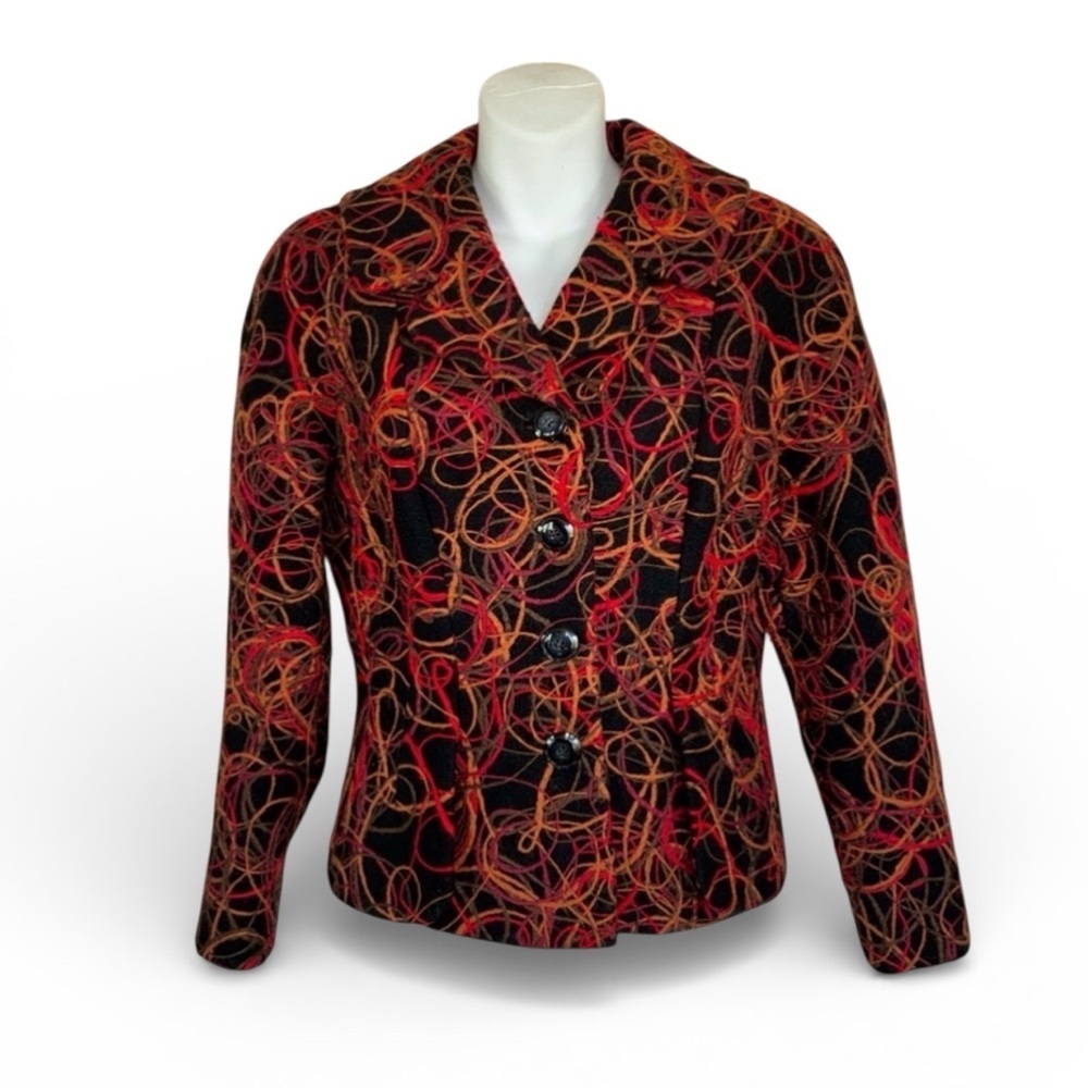 SIMON CHANG jacket, black wool with orange/red felting, 4 buttons, pockets. 8